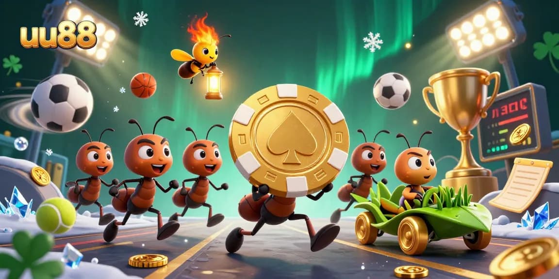 Engage with uu88's thrilling gaming adventure as ants heist a giant poker chip amidst dynamic sports elements.