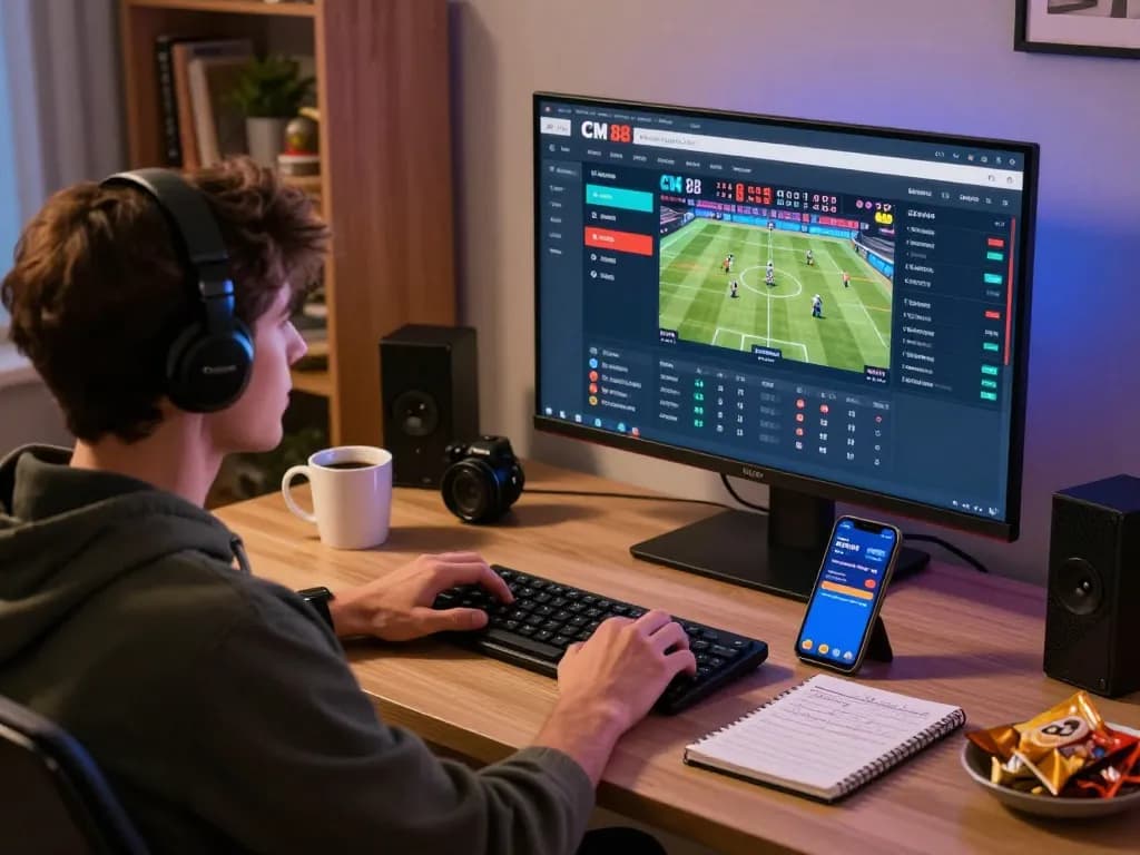 User engaging with CM 88 sports betting app, focused on upcoming games and live odds in a modern home setup.