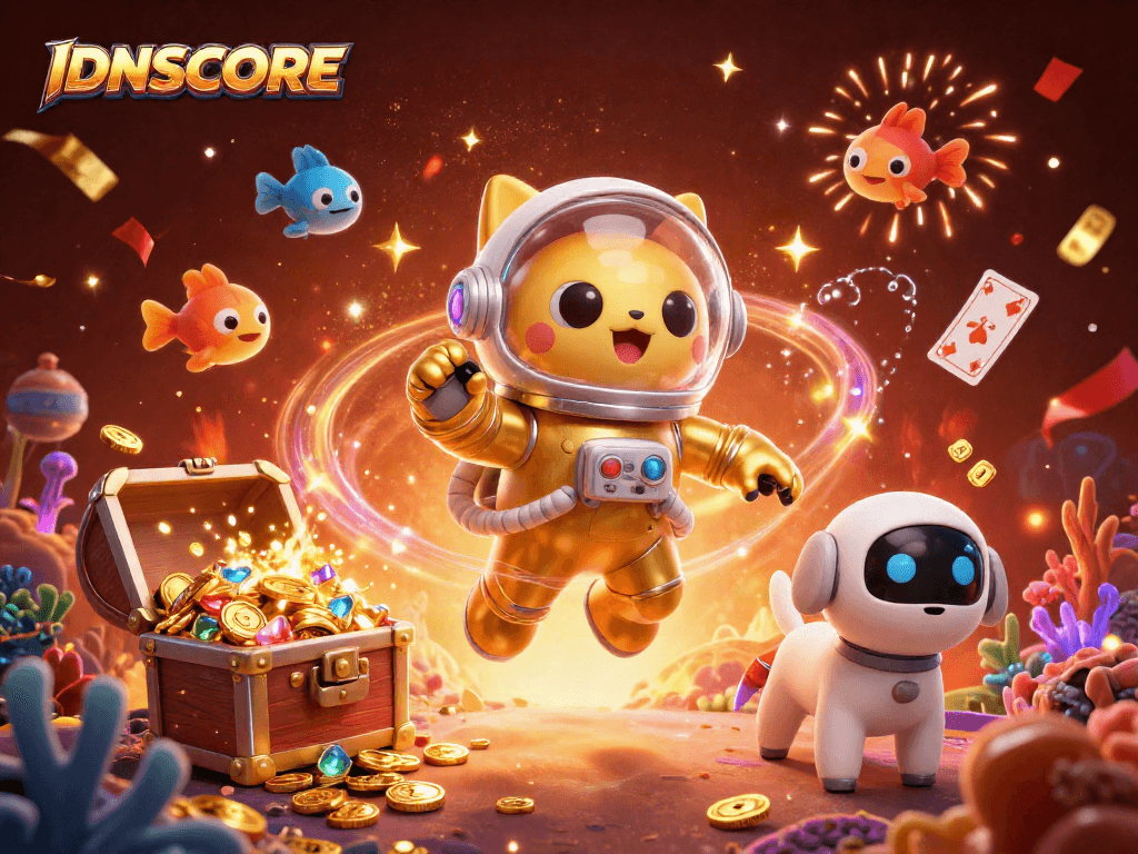 Win big with IDNSCORE in this vibrant 3D casino illustration featuring cosmic characters.
