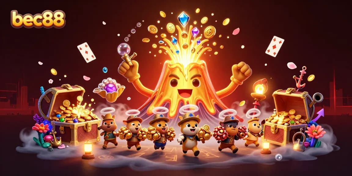 Experience the thrilling excitement of bec88 with vibrant illustrations of a golden volcano and treasures erupting.