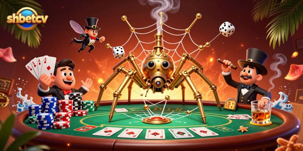 Experience thrilling gameplay at shbetcv with an intricate 3D illustration of a steampunk spider webbing poker chip nodes.