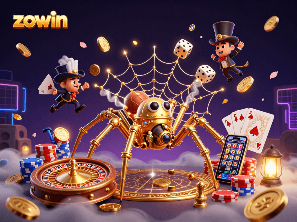 Zowin's vibrant illustration showcasing a steampunk spider weaving a golden web with casino elements.