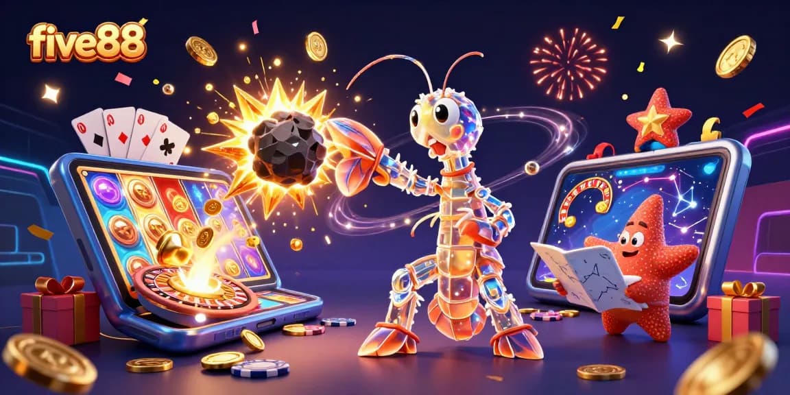 five88's galactic samurai mantis shrimp battles asteroids, revealing treasures and gaming excitement.