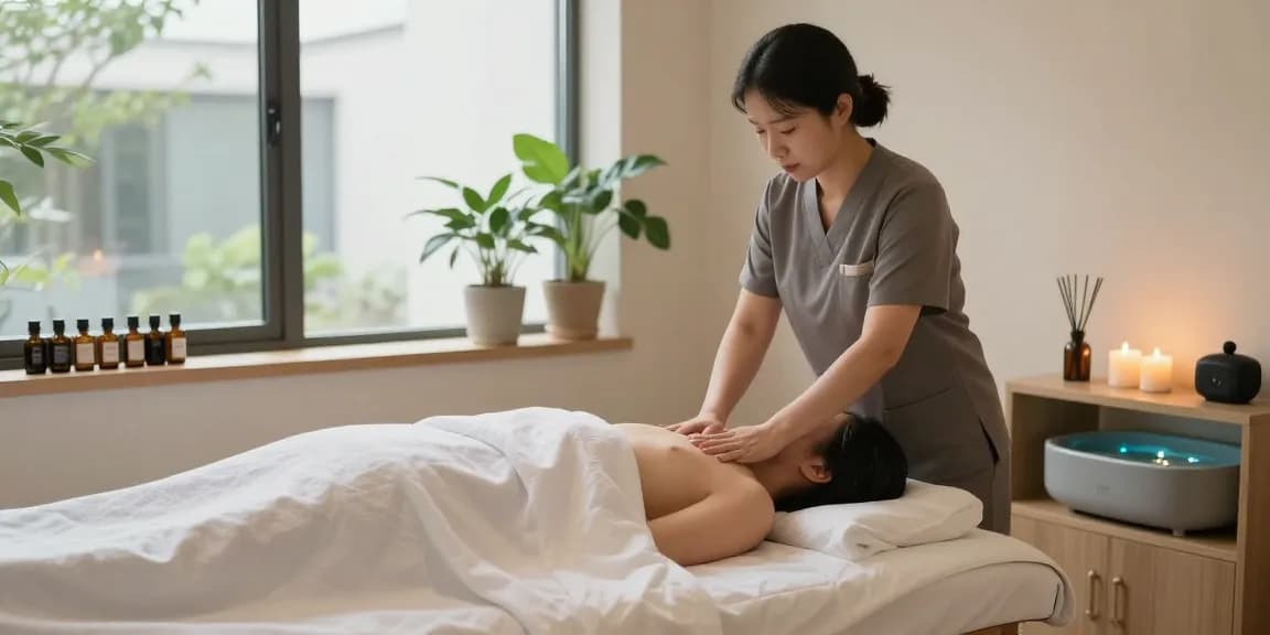 Relaxing 남양주출장마사지 session in a tranquil studio, therapist soothing client.