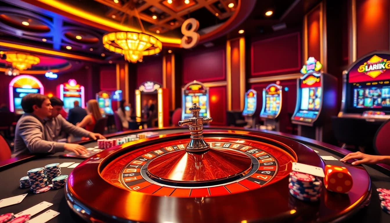 Exciting casino scene showcasing luck8 with players at a roulette table and vibrant slot machine.