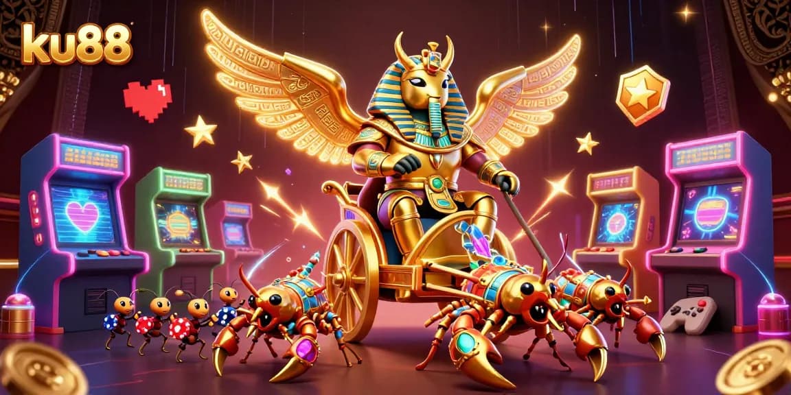 Engage with ku88's vibrant online gaming experience featuring a colossal golden scarab beetle and casino elements.