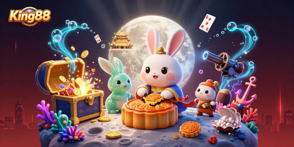 Experience King88's vibrant casino atmosphere with cartoon moon rabbit and poker chips.