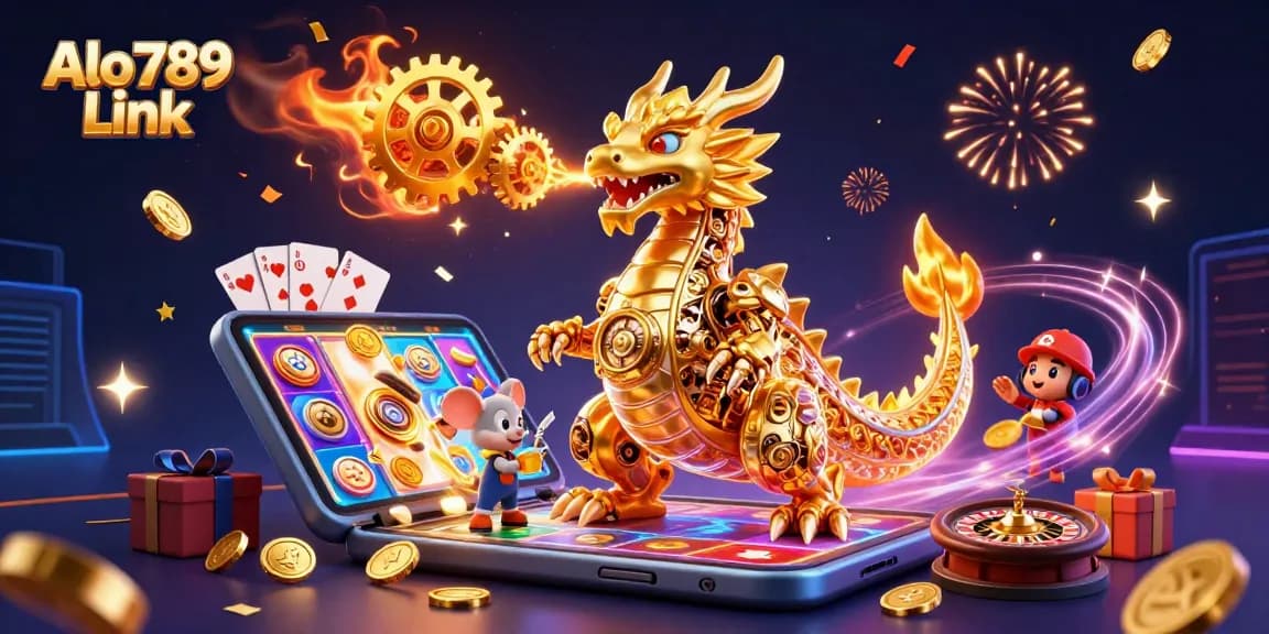 Experience the thrill of gambling with Alo789 Link featuring dynamic casino elements and a dragon.