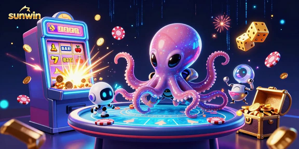 sunwin ignites excitement with a cosmic alien octopus at a holographic poker table amidst dynamic casino elements