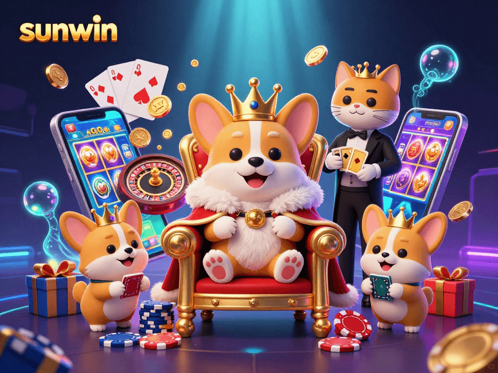 Engage with sunwin's amazing slot games and vibrant casino ambiance, featuring a royal corgi throne scene.