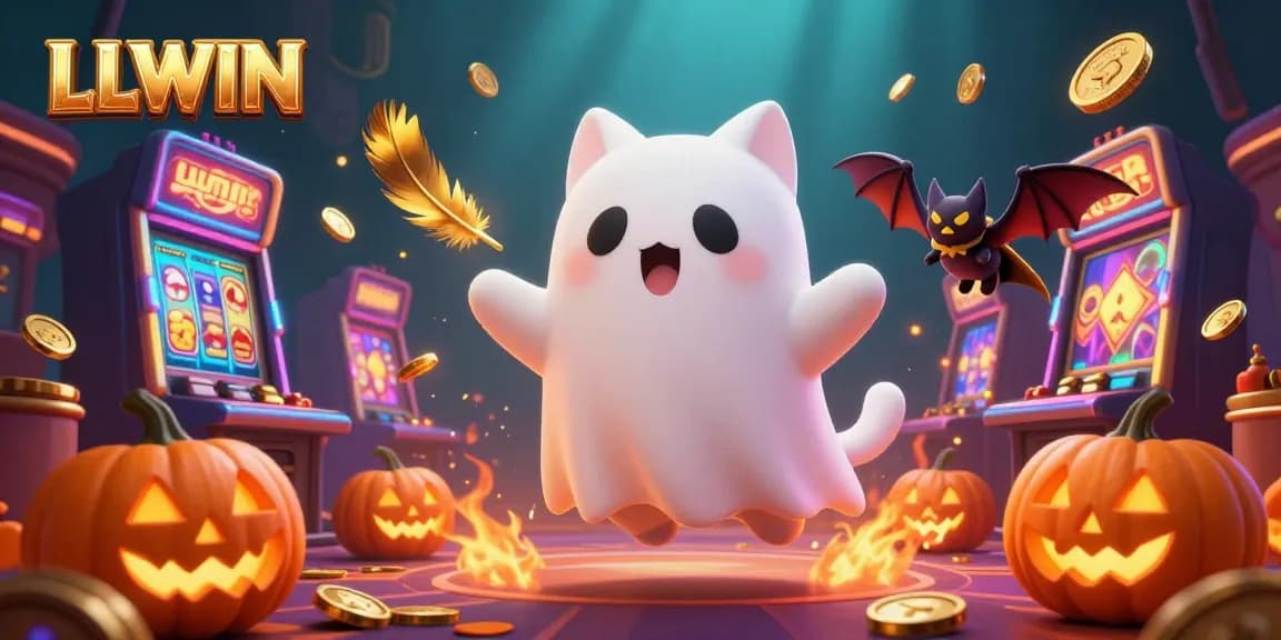 LLWIN engages players with an enchanting floating casino scene featuring a ghost cat, vampire bat, and glowing jack-o-lanterns.