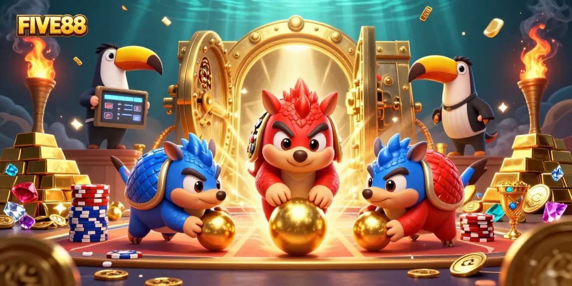 FIVE88 pangolins compete in a vibrant casino scene with poker chips and golden treasures.