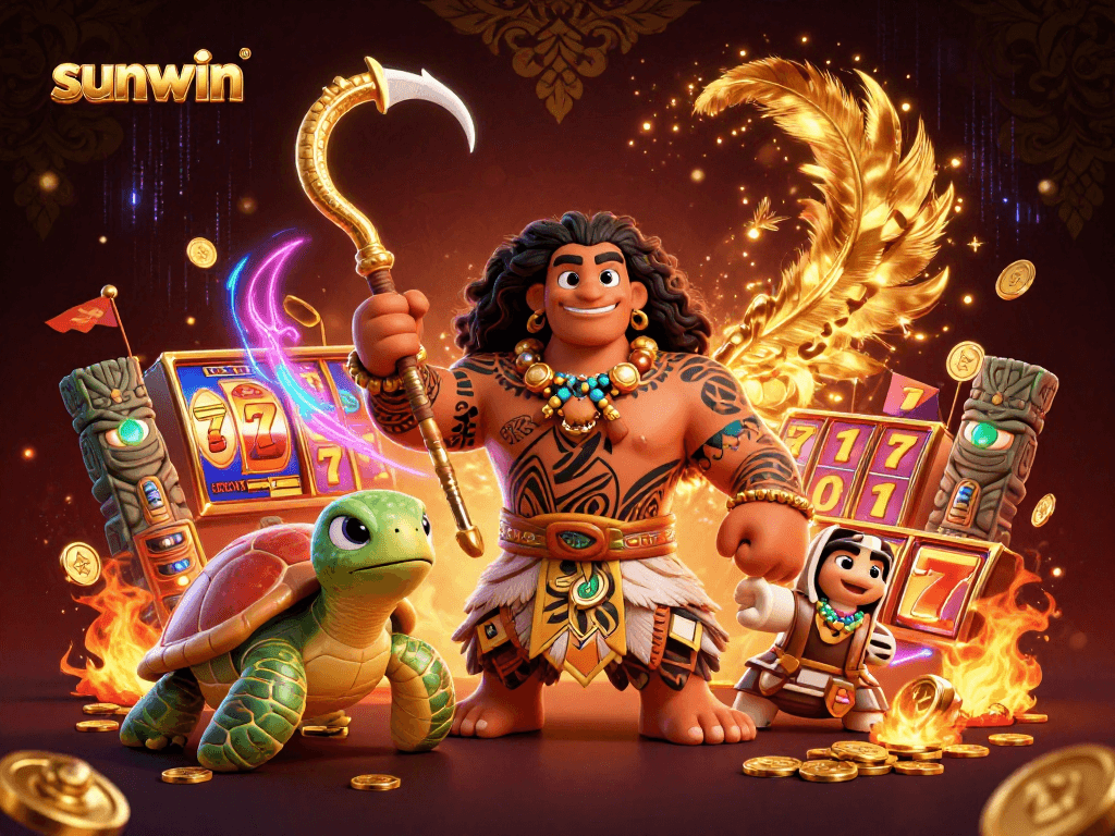 Engage in thrilling casino fun with sunwin featuring a vibrant cartoon demigod and turtle amidst dynamic slot reels.