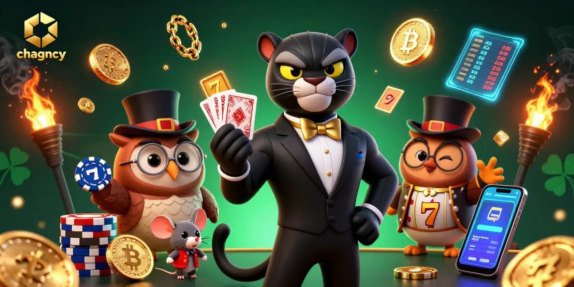Engage with chagency's vibrant casino scene featuring a stylish panther dealer, slot reels, and lively gaming elements.