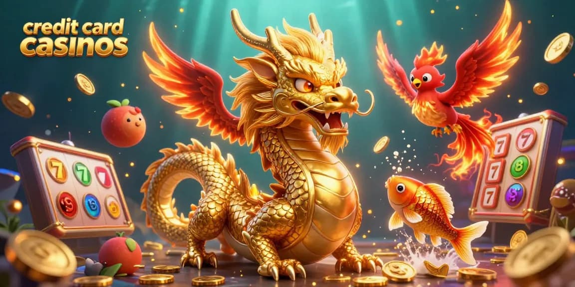 Experience the excitement of credit card casinos with a vibrant scene featuring mythical creatures and classic gaming elements.
