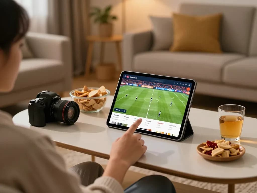 Socolive user enjoying live football streaming on a tablet in a cozy home setting.