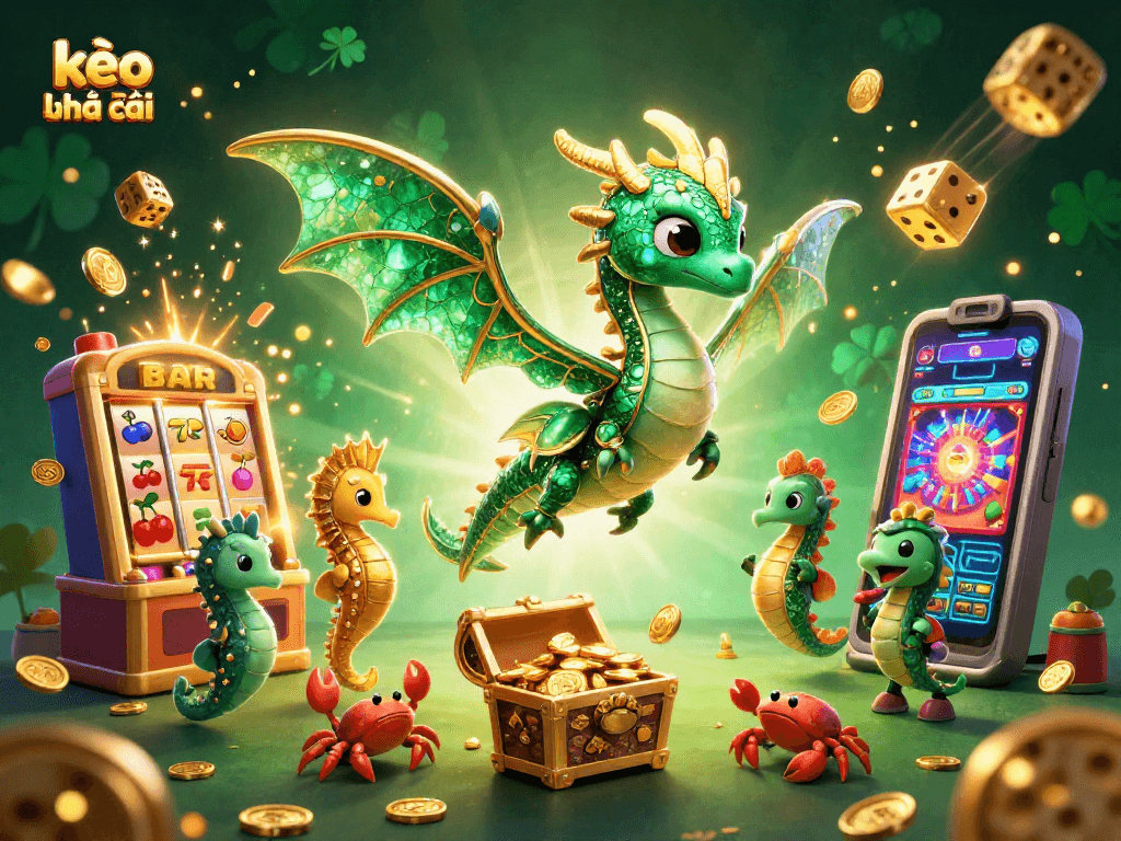 Experience the excitement of kèo nhà cái with a vibrant 3D illustration of treasures and casino elements.