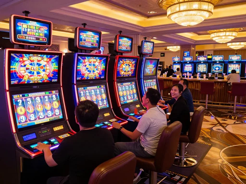 Players enjoying slot machines at VA88 casino, vibrant displays and lively atmosphere