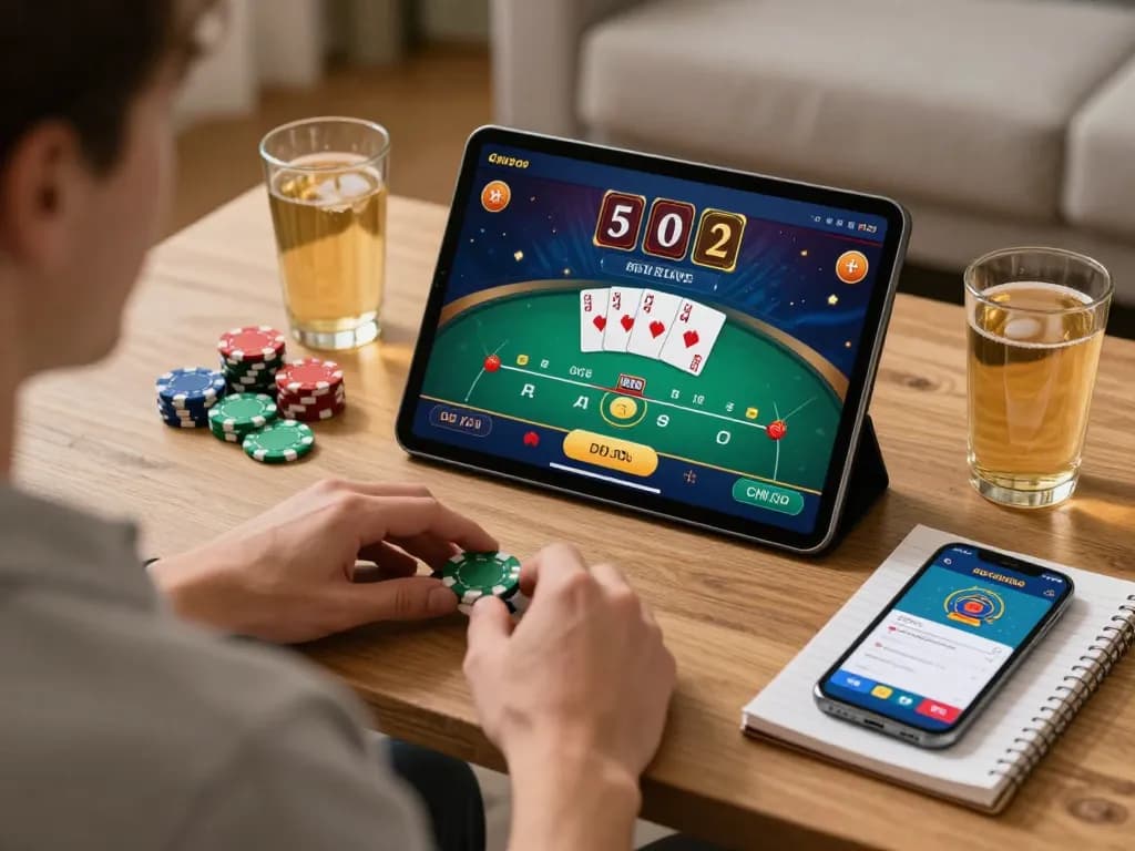 Player enjoying cm88 online poker app on a tablet, with chips and strategy notes around.