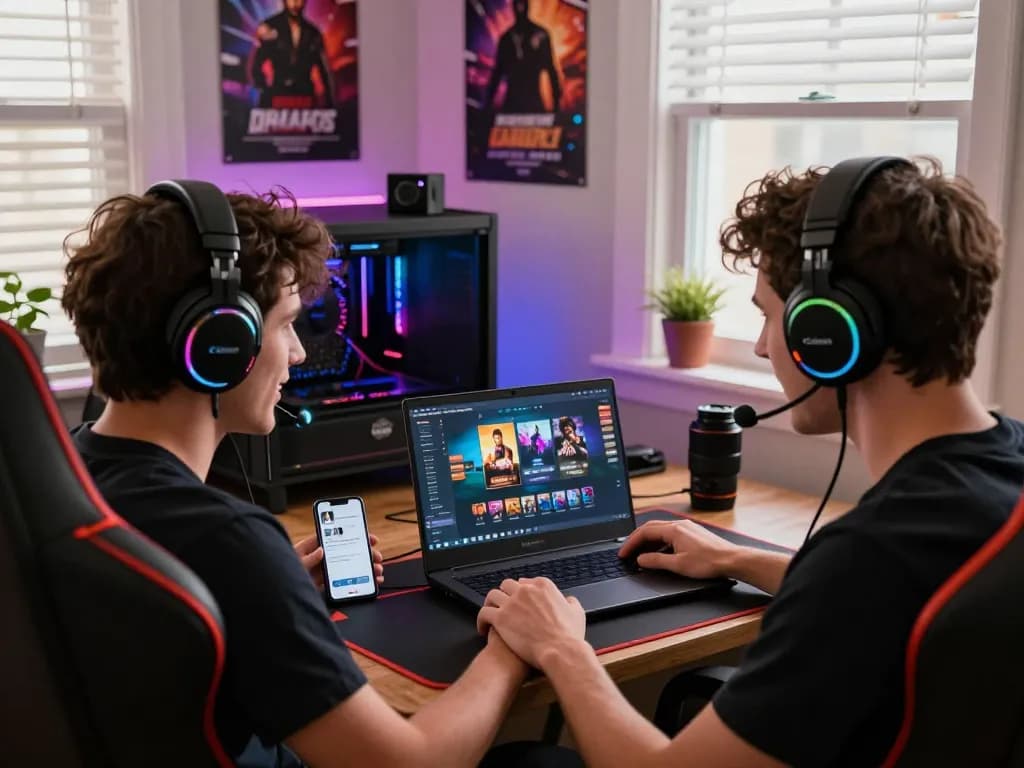 Engaged player enjoying a thrilling mobile porn game in a cozy gaming setup with vibrant lighting.