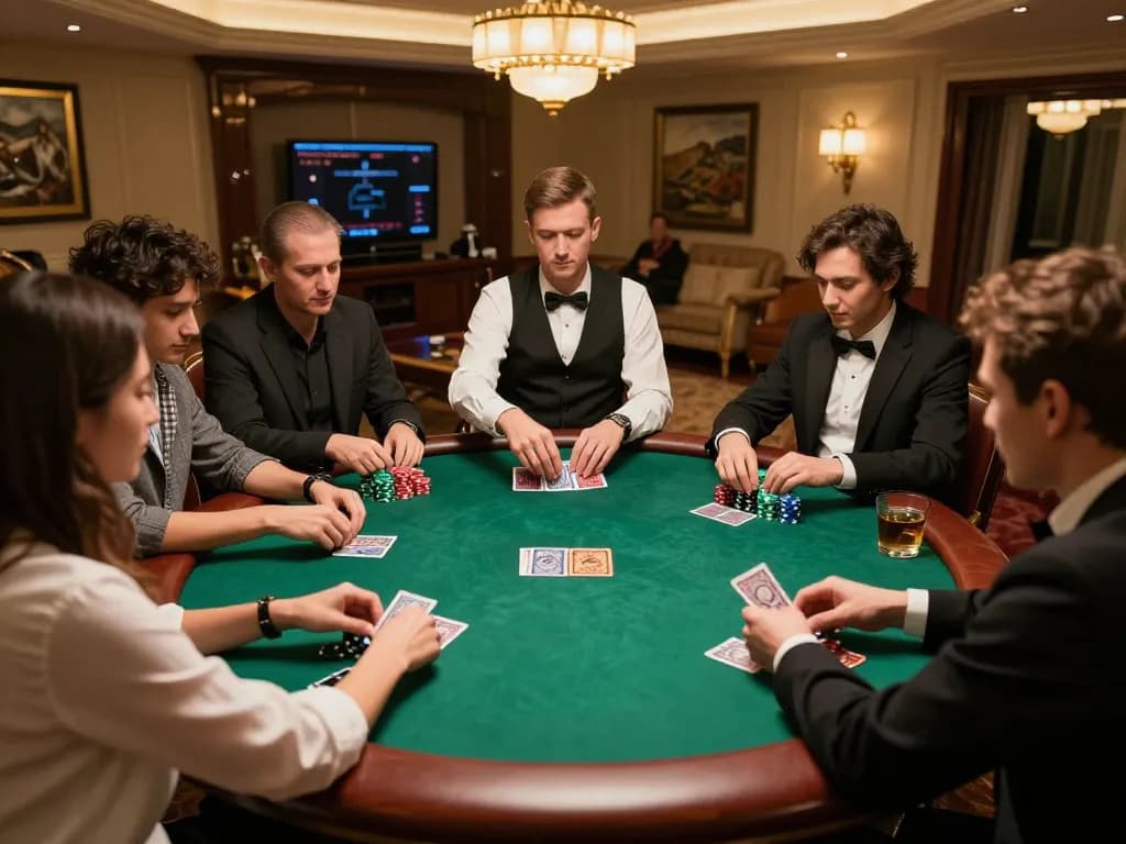 Players at an exclusive poker game in a luxurious setting, highlighting competitive atmosphere and strategic betting with 789 chips.