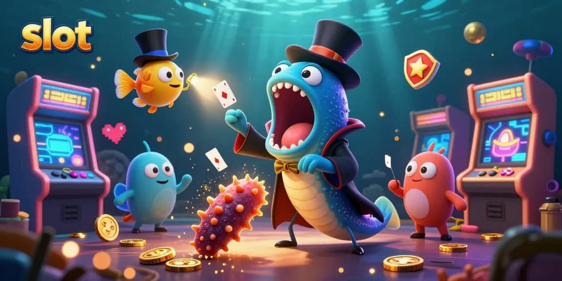 Spinning slot reels and jackpots come alive in a vibrant casino scene featuring animated characters.