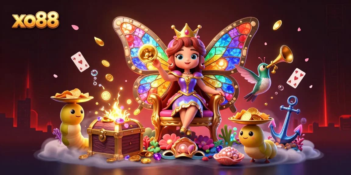 Experience thrilling moments at xo88 with a vibrant scene featuring a butterfly queen and casino action.