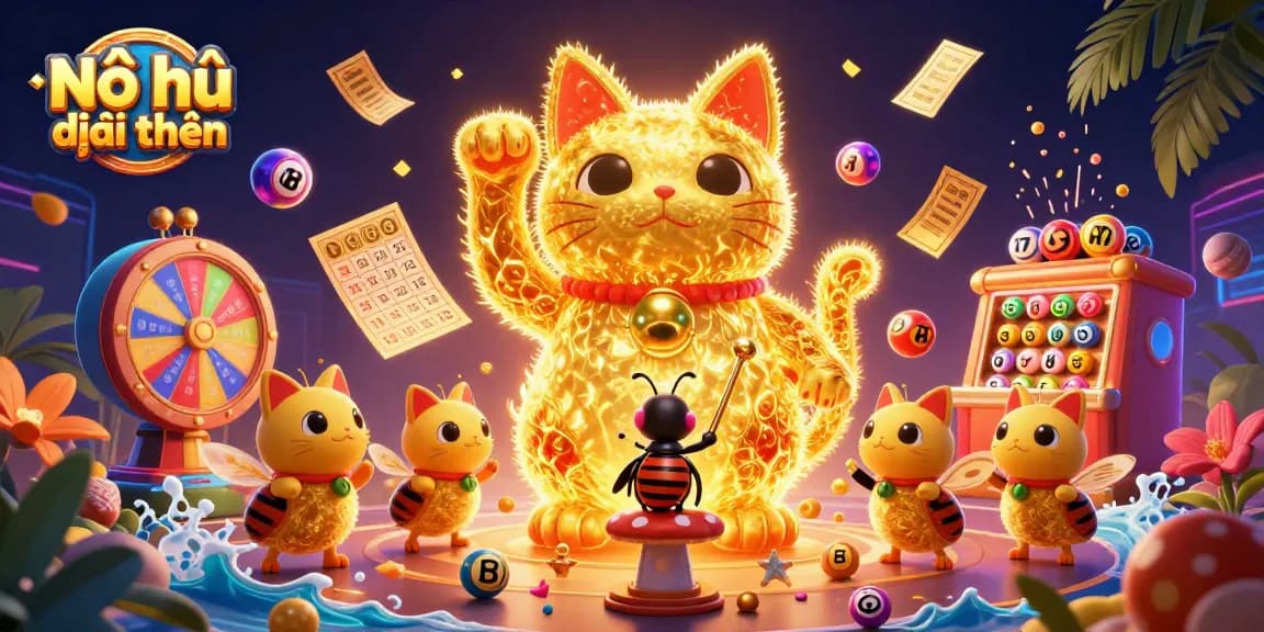 Nổ hũ đổi thưởng showcases a golden lucky cat amidst vibrant casino symbols and dynamic lottery elements.
