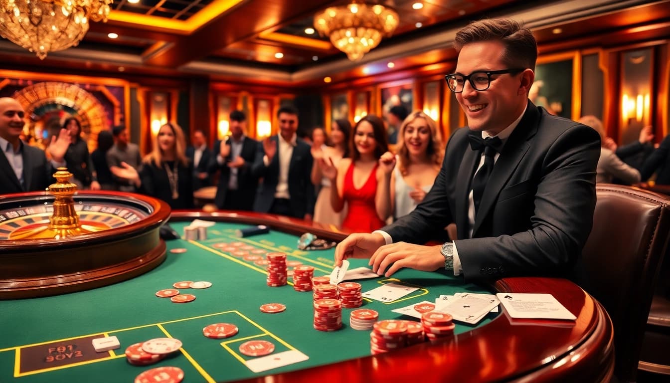 Engaging scene of players at Haywin poker table, enjoying high-stakes gambling action with vibrant chips.
