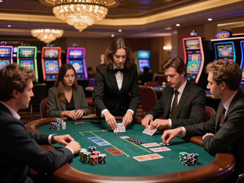 Engaged players at a blackjack table showcasing strategy in a luxury casino atmosphere, featuring j88 chips.