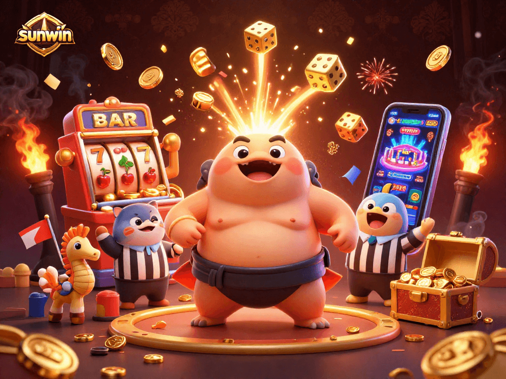 Experience sunwin excitement with a dynamic underwater casino scene featuring an animated fugu, catfish referee, and seahorse fans.