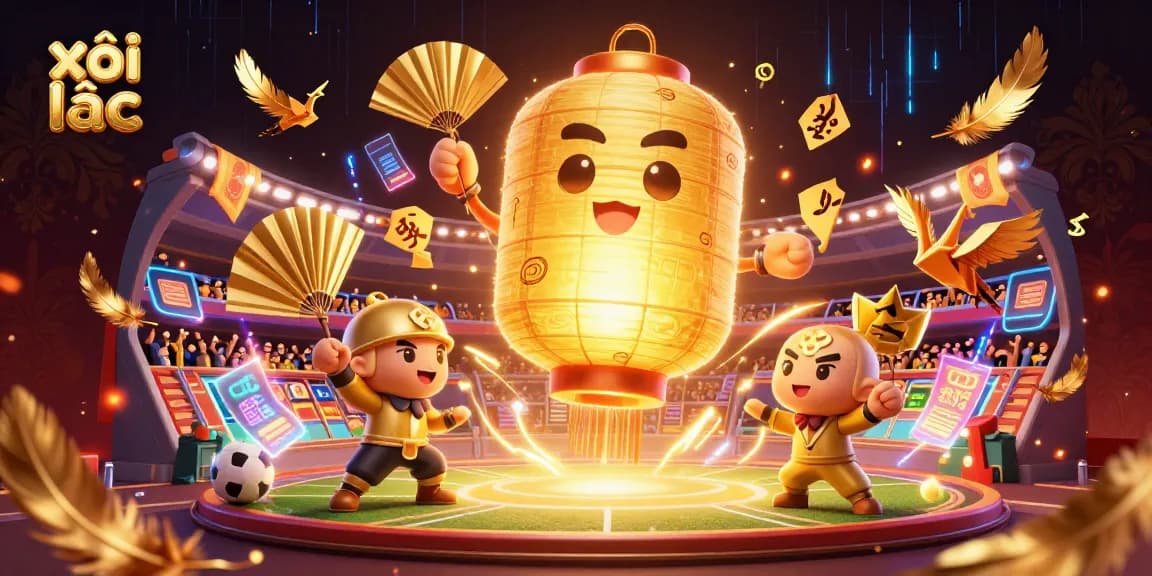 Experience the thrill of xôi lạc with lively golden characters illuminating a dynamic sports betting scene.