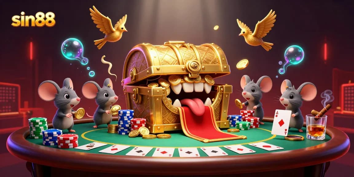 Engage with sin88 as adventurer mice are lured to a golden treasure chest amid poker excitement.