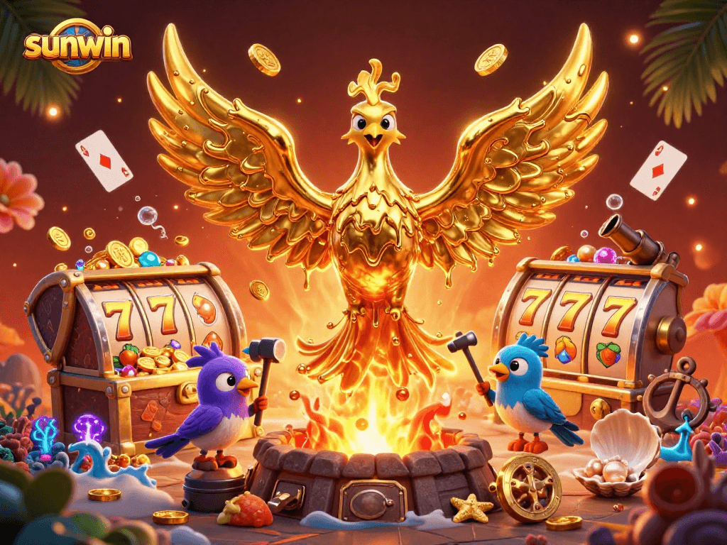 Experience the thrill of sunwin with a unique, vibrant illustration showcasing a golden phoenix in a dynamic casino scene.