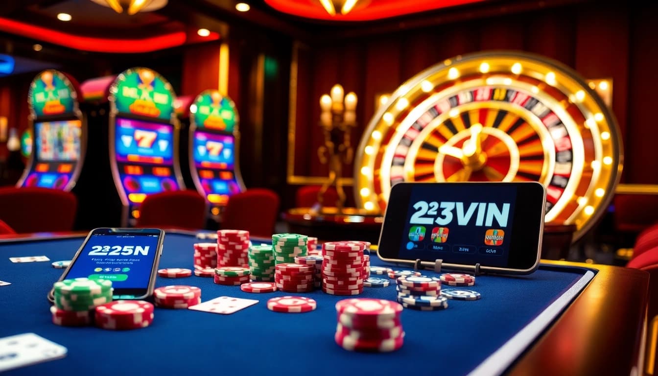 Experience thrilling bets at 23WIN's luxurious casino with vibrant chips and cards.