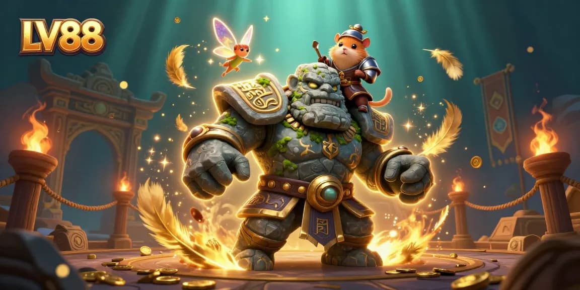 Experience thrilling wins at LV88 with a magical scene showcasing a golem, fairy, and knight amidst vibrant casino elements.