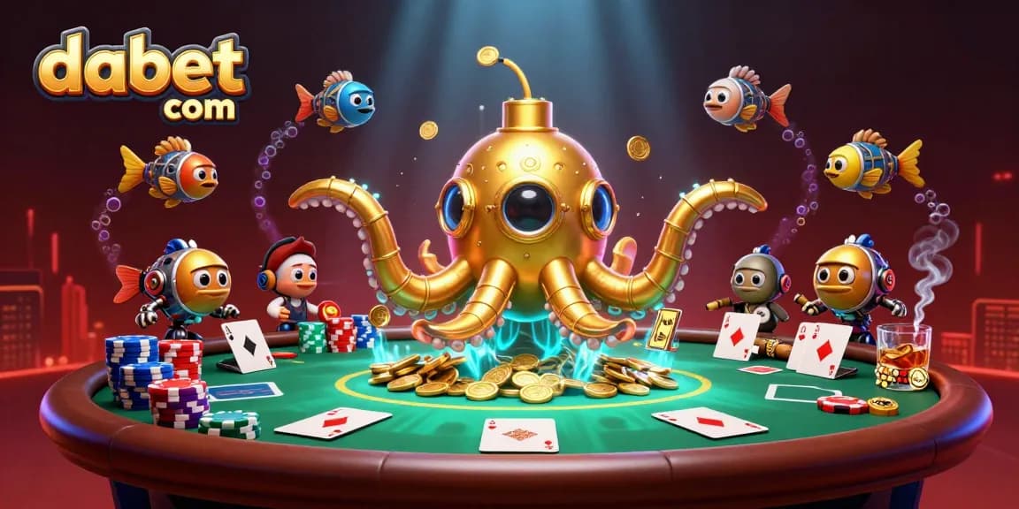 Engage with dabet com's thrilling poker scene featuring a kraken submarine and vibrant gameplay.