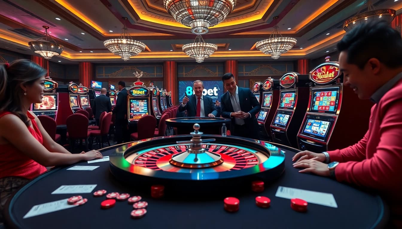 Players enjoying the excitement of casino games at 8kbet, featuring roulette and slot machines.