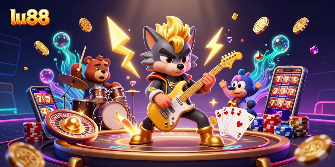 lu88 promotes excitement with a dazzling casino stage scene featuring colorful characters and dynamic game elements.