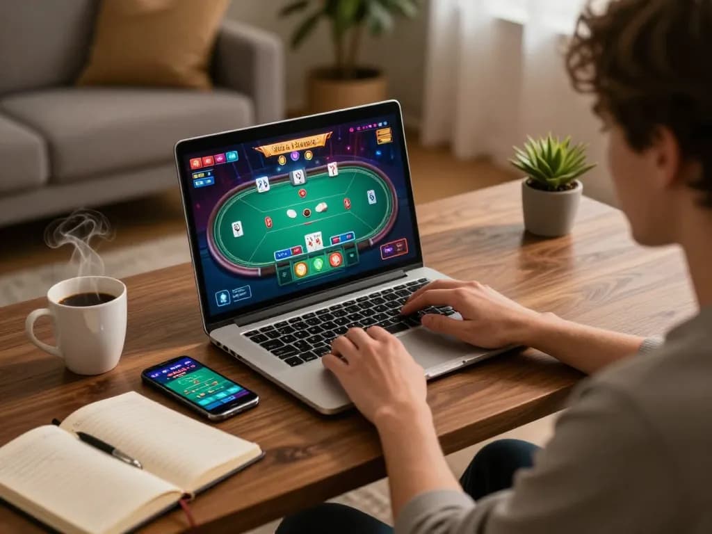 Player engaging in an online tr88 poker game from home, surrounded by betting strategy notes and a vibrant gaming setup.