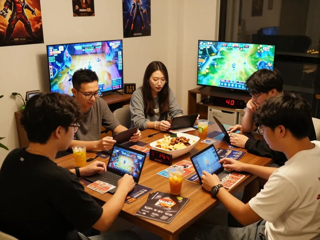 Engaging game night scene featuring friends playing xổ số hubet88 in a cozy living room.