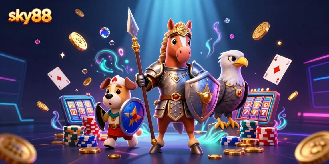 Engage with the thrilling sky88 casino experience in this vibrant 3D illustration, featuring iconic gaming symbols.