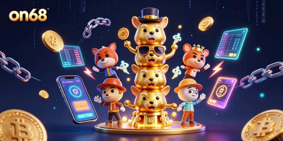 Win big at on68 with a vibrant 3D totem pole and cryptocurrency elements, showcasing animated expressions and casino accessories.