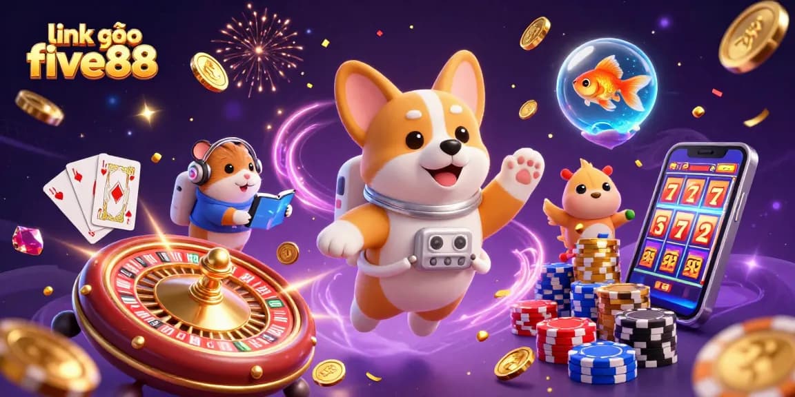 Enhance your gaming with link vào five88 at this vibrant space casino illustration featuring an astronaut corgi.