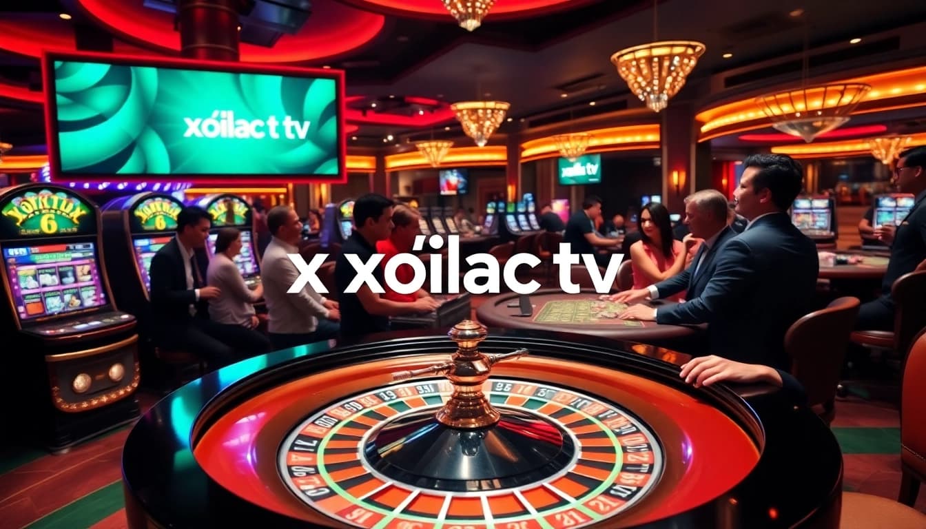 Xoilac tv enhances the excitement at a vibrant casino scene featuring roulette, poker, and slot machines.