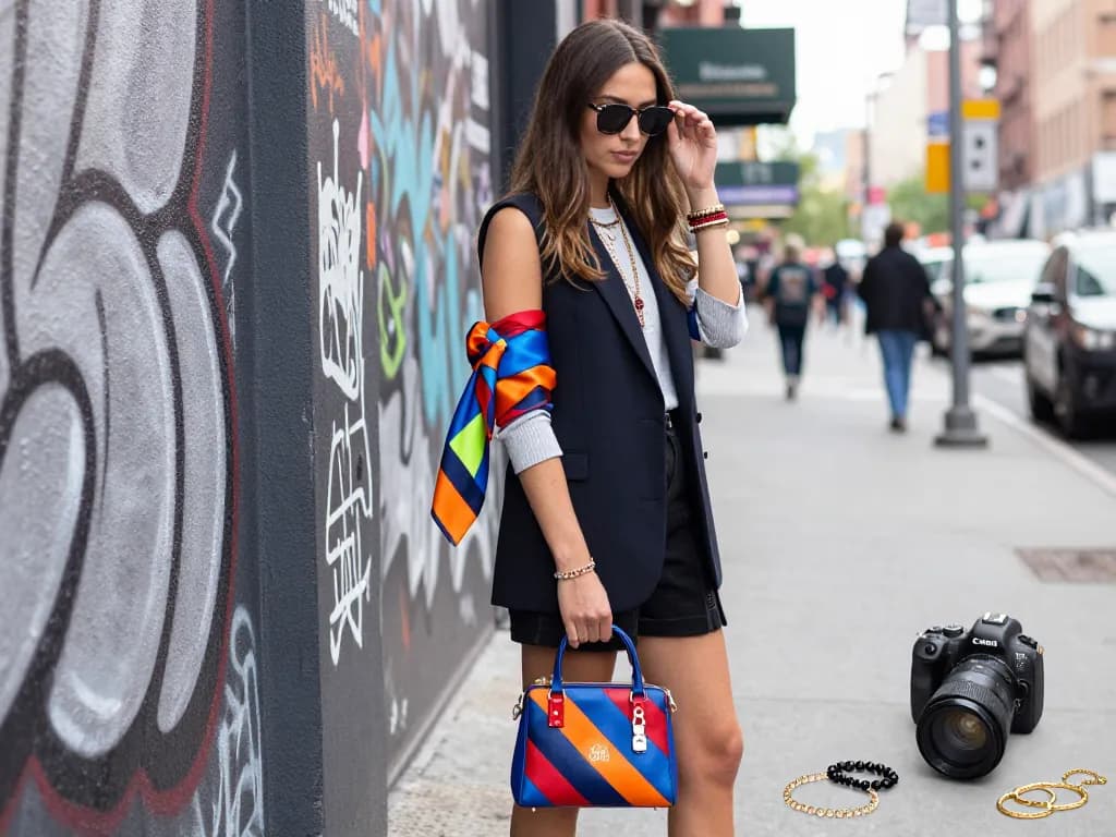 Colorful armband damen stoff showcased by a stylish woman in urban fashion.