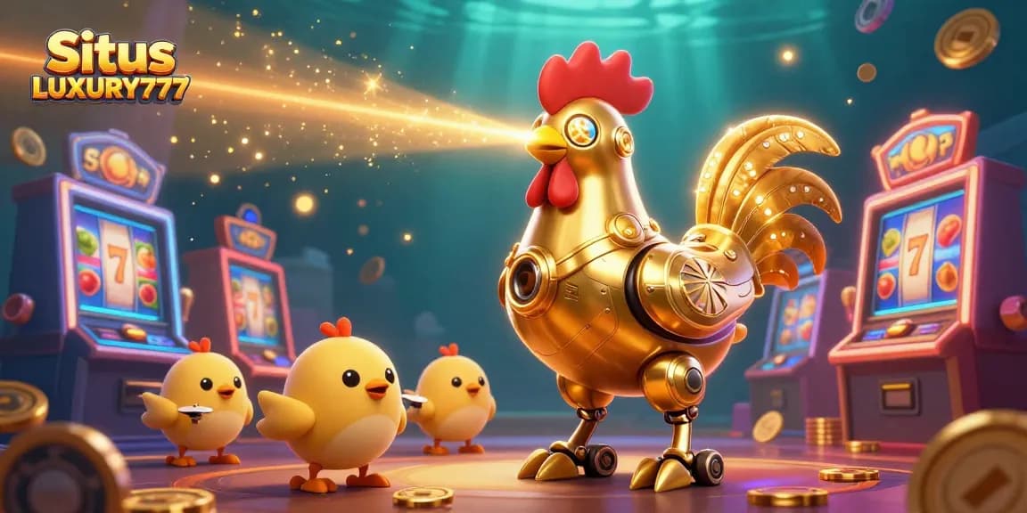Permainan menarik di Situs LUXURY777 dengan slot berwarna-warni dan karakter robot bersinar.