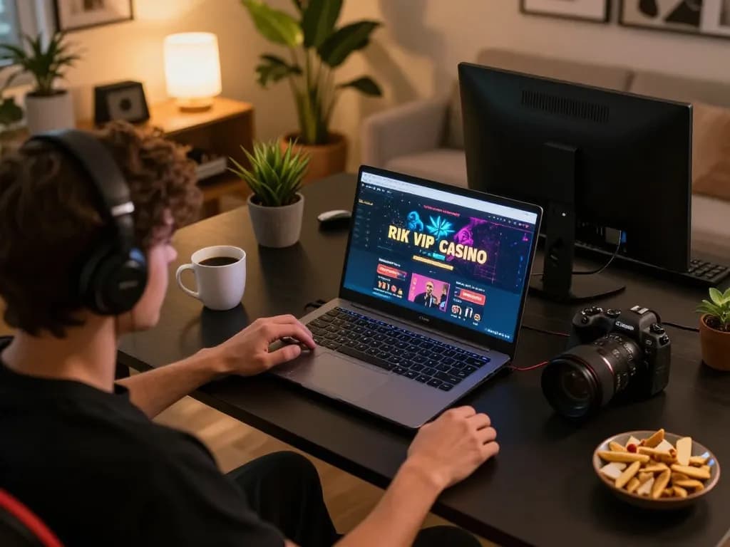 Engaged player using rik vip online casino on laptop during a cozy home gaming session