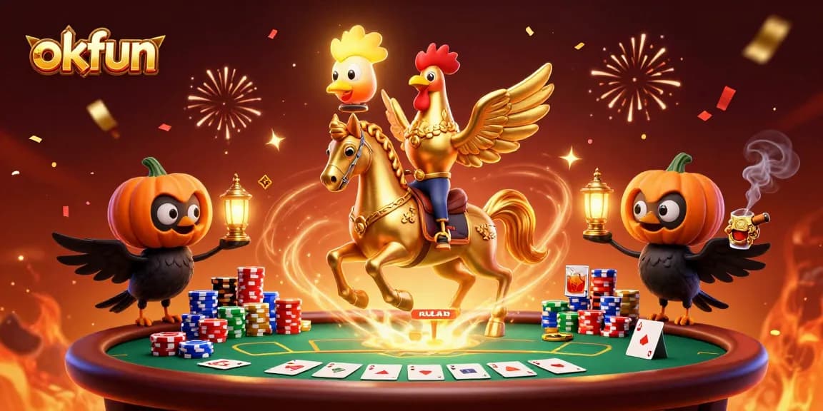 Experience excitement at okfun with a golden rooster in a vibrant casino scene, poker elements galore.