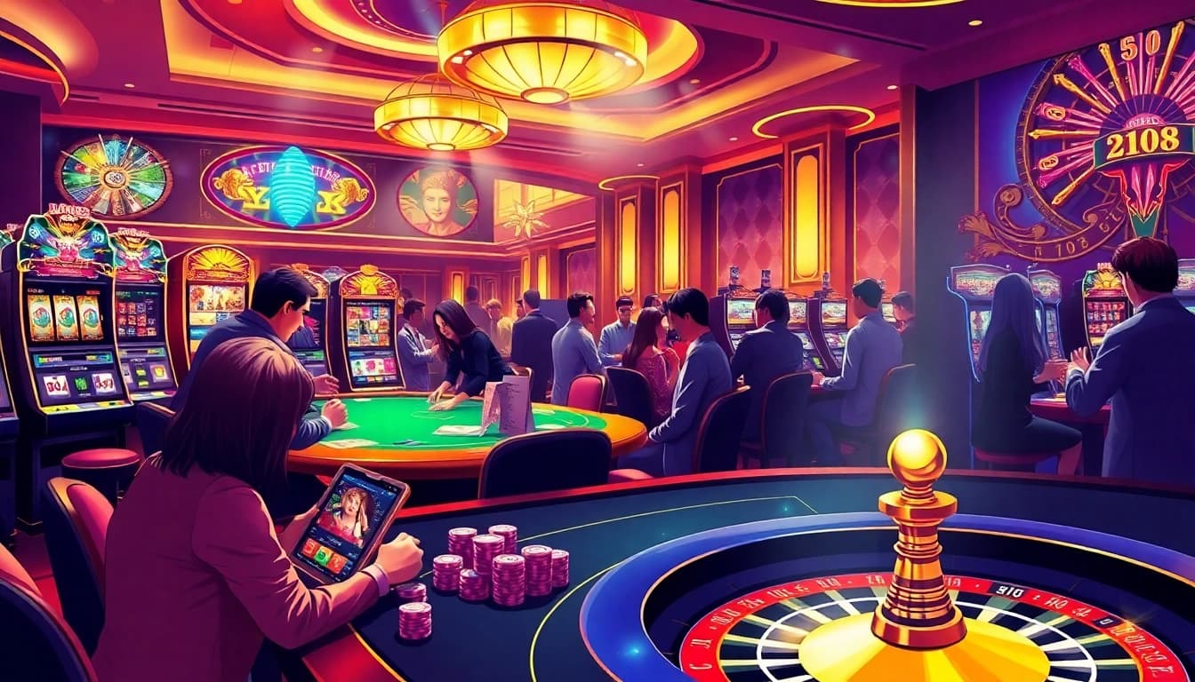 Experience thrilling action at Nhà cái uy tín F168 with players enjoying poker and slot games in a luxurious casino setting.